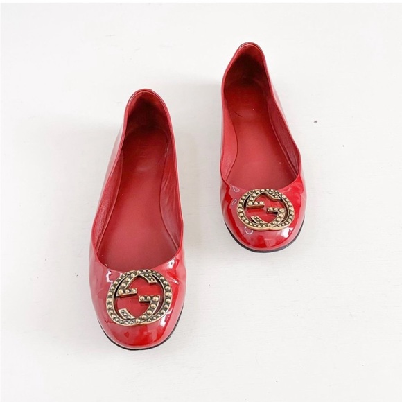 🎁❤️Gucci Red GG Logo Ballet Flats EU 37.5 US 7.5 Studded Patent Interlocking GG - Picture 2 of 8